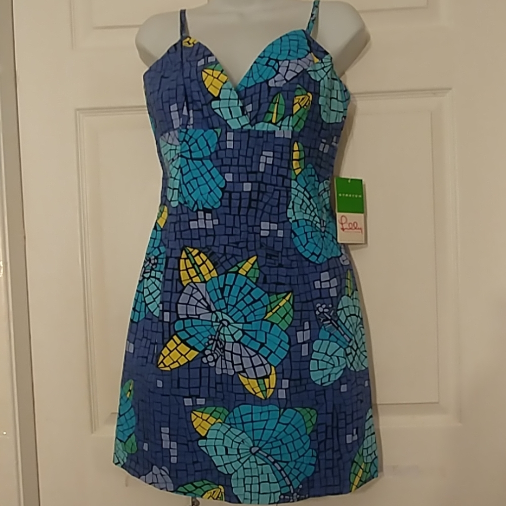 Lilly Pulitzer Cotton/Spandex Blue Mosaic Butterfly Summer Dress sz 8 NWT - Picture 2 of 6